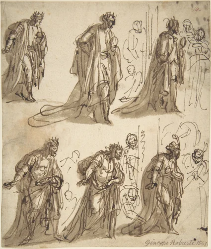 Six Studies of a King for an Adoration by anonymous, drawing, 1500-1600