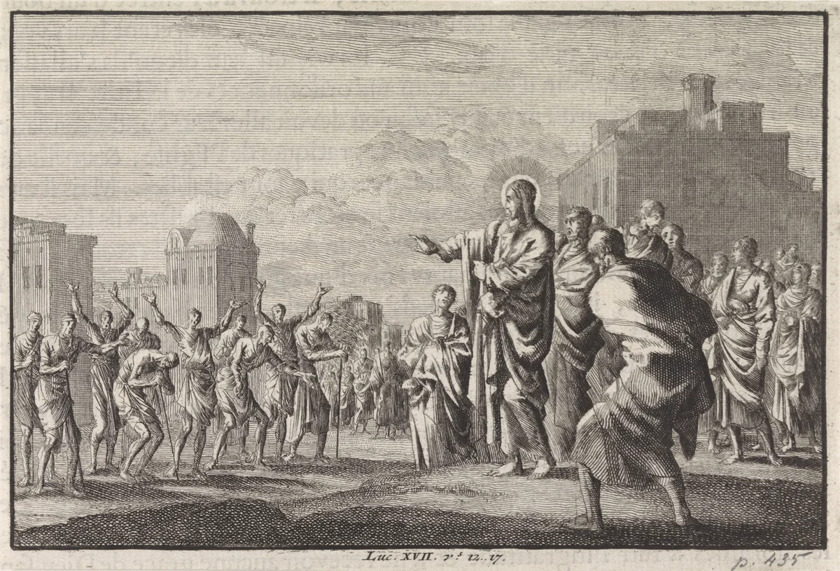 Christus en de tien melaatsen by Jan Luyken, print, 1703-1762