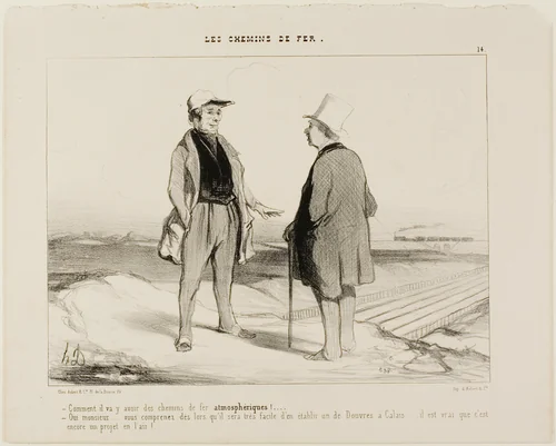 “- What do you mean, there are soon going to be air trains? - But of course, Monsieur... you see, it will then be very easy to establish a connection between Dover and Calais... but of course, the project is still suspended in air,” plate 14 from The Railroad by Honoré-Victorin Daumier, print, 1843