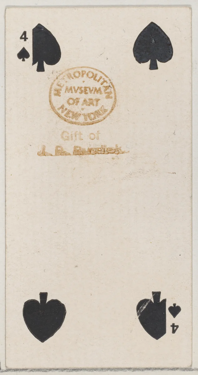 Four Spades (black), from the Playing Cards series (N84) for Duke brand cigarettes by W. Duke, Sons & Co., print, 1888