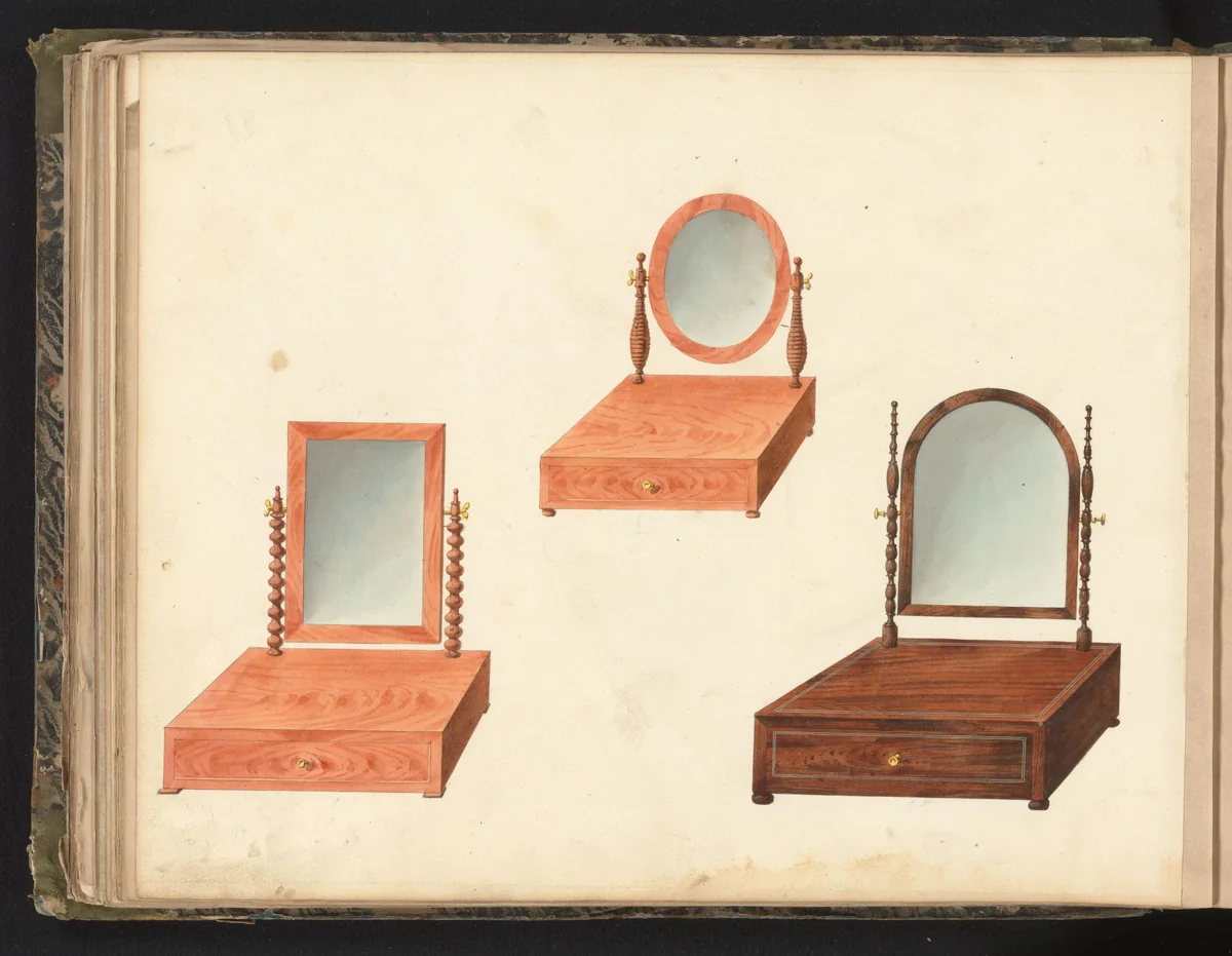Drie ontwerpen voor toiletspiegels by anonymous, drawing, 1825-1839