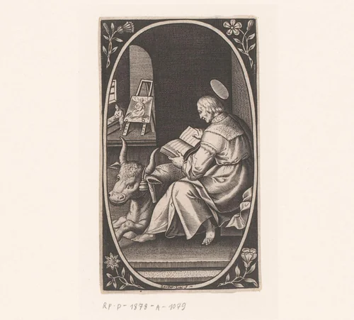 Lucas de evangelist in zijn schildersatelier by Unknown, print, 1564-1654