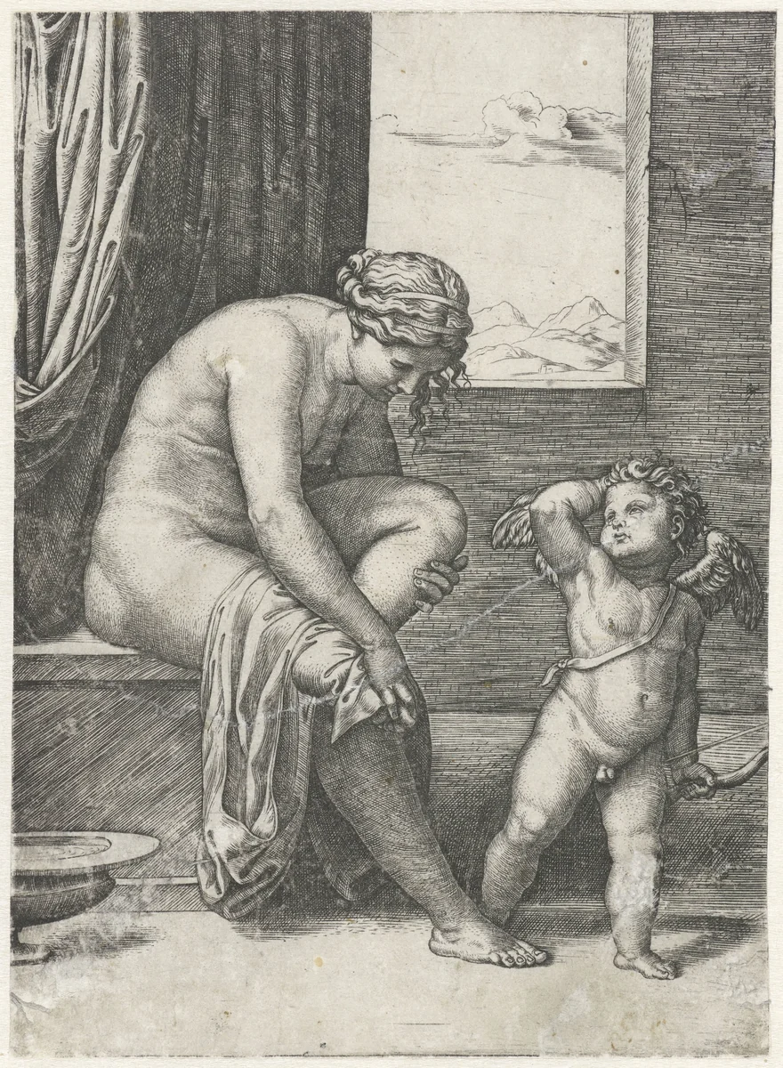 Venus droogt zich af na bad en Amor met pijl en boog by Unknown, print, 1512-1527
