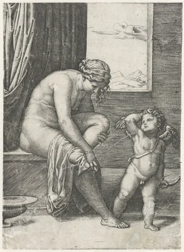 Venus droogt zich af na bad en Amor met pijl en boog by Unknown, print, 1512-1527