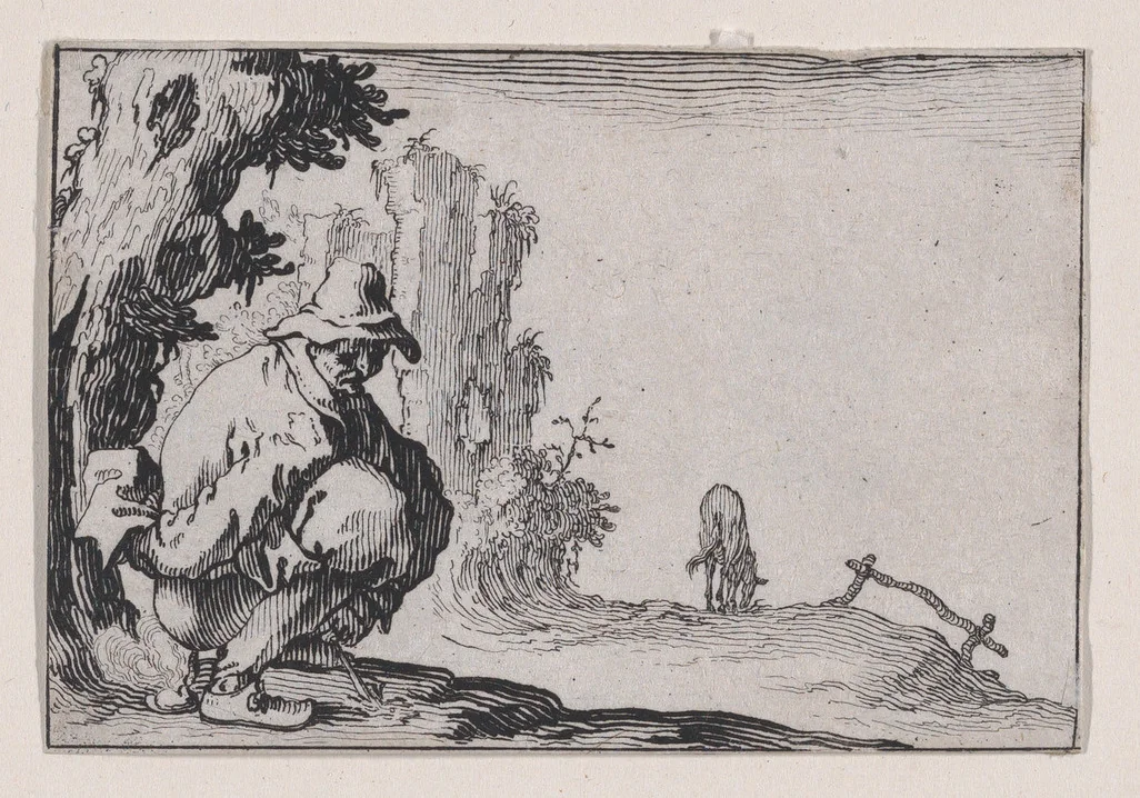 Le Paysan Accroupi (The Squatting Peasant), from "Les Caprices" Series A, The Florence Set by Jacques Callot, print, 1617