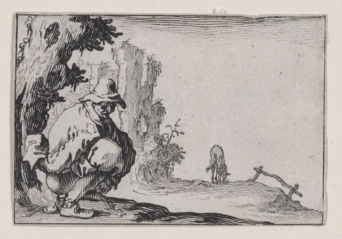 Le Paysan Accroupi (The Squatting Peasant), from "Les Caprices" Series A, The Florence Set by Jacques Callot, print, 1617
