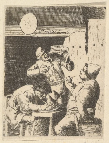 Singer Standing Between Two Smokers by Adriaen van Ostade, print, 1610-1685