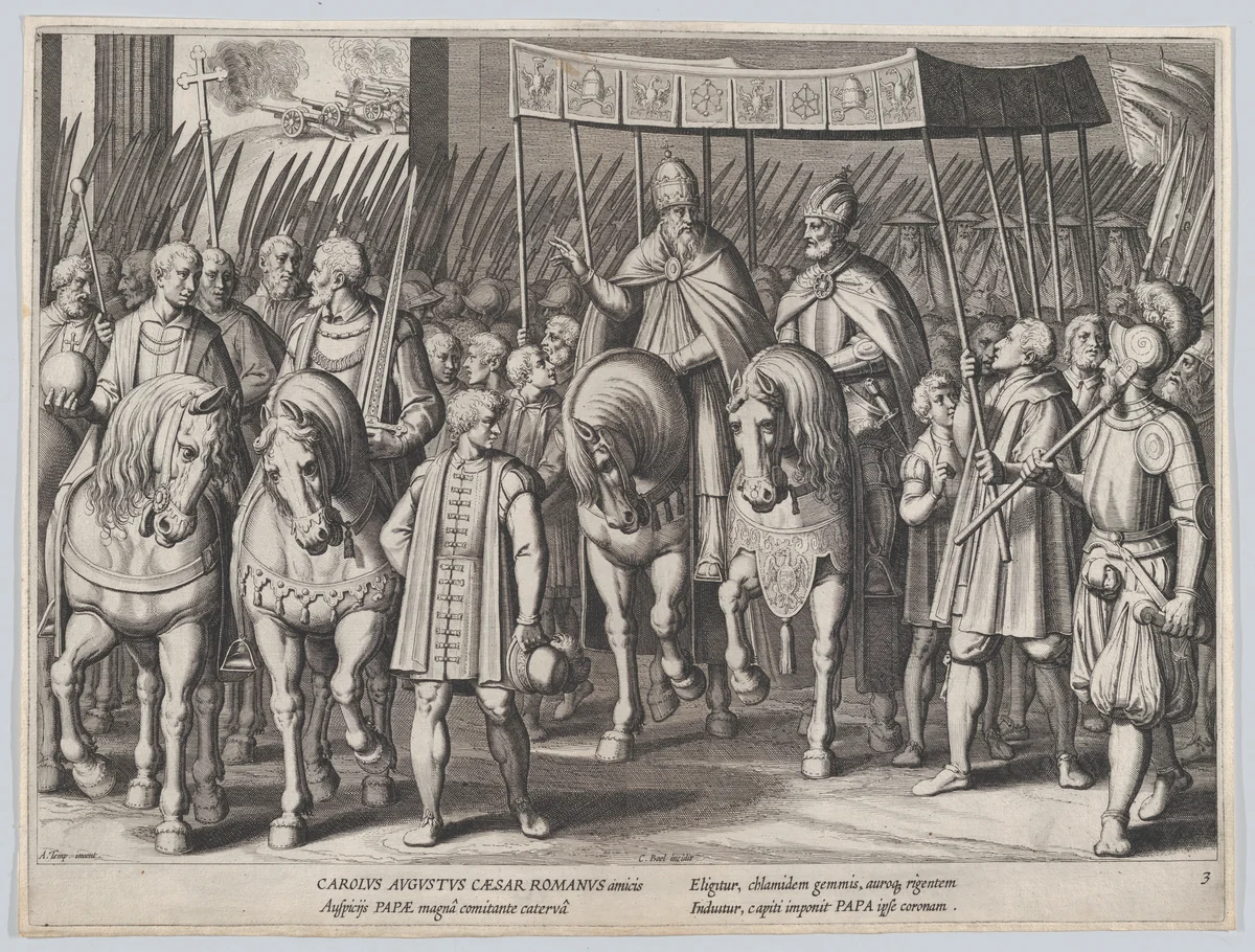 Plate 3: Charles V Crowned Emperor entering Rome with the Pope, from the Triumphs of Charles V by Cornelis Boel, print, 1614