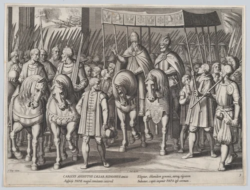 Plate 3: Charles V Crowned Emperor entering Rome with the Pope, from the Triumphs of Charles V by Cornelis Boel, print, 1614