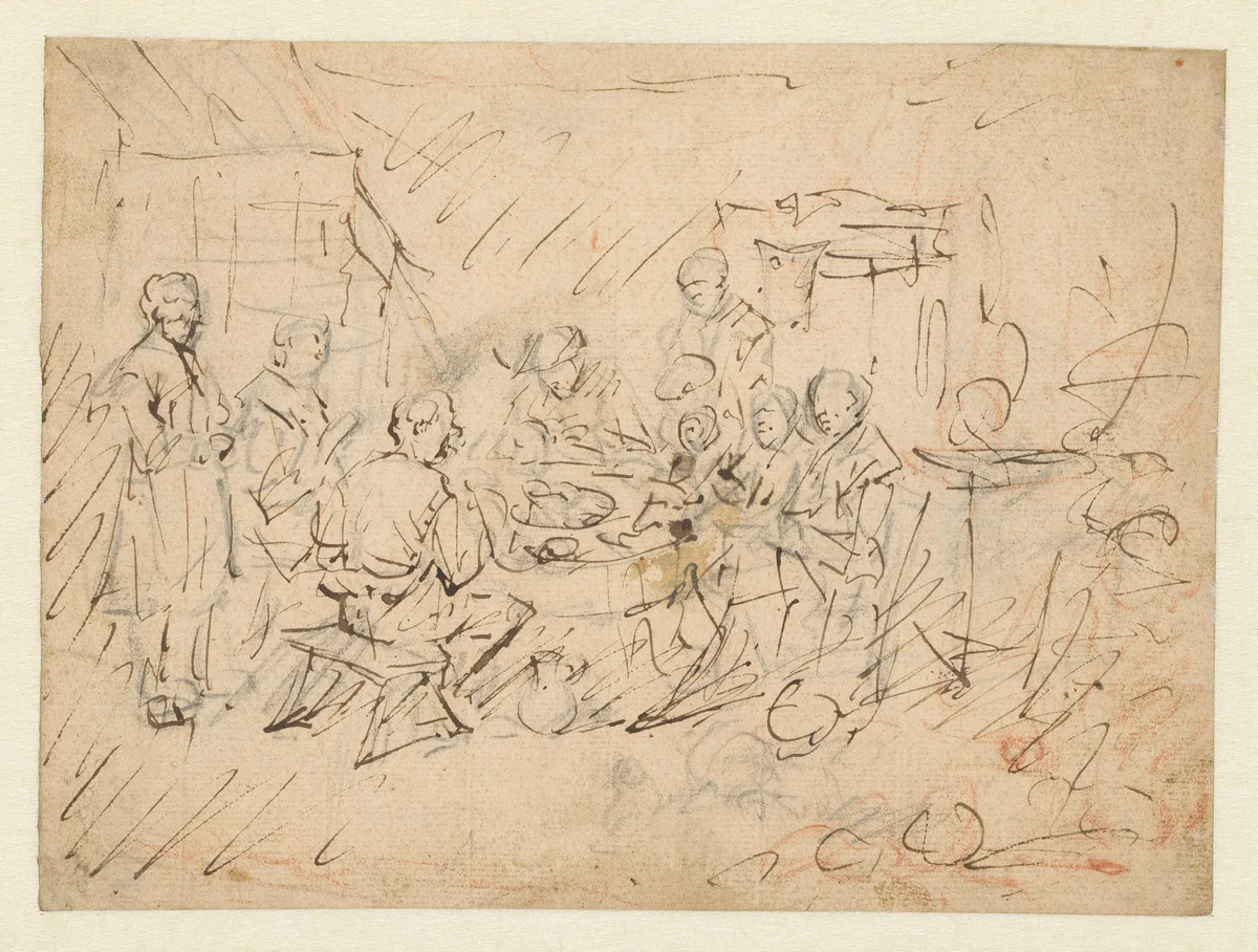 Interieur met een boerengezin aan de maaltijd by Egbert van Heemskerck, drawing, 1644-1704