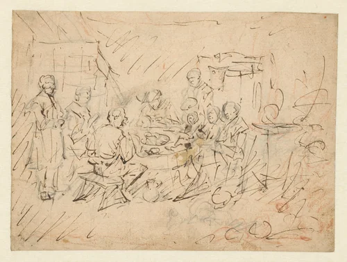 Interieur met een boerengezin aan de maaltijd by Egbert van Heemskerck, drawing, 1644-1704