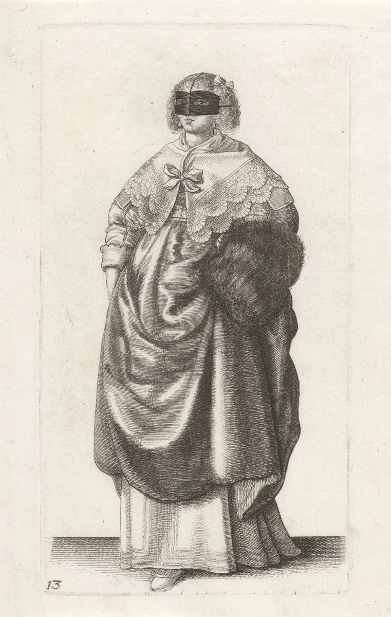 Engelse vrouw van stand met maskertje voor het gezicht by Wenceslaus Hollar, print, 1638-1640