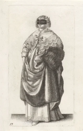 Engelse vrouw van stand met maskertje voor het gezicht by Wenceslaus Hollar, print, 1638-1640