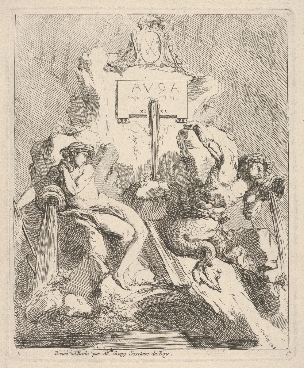 Design for a fountain with a seated nymph at left and triton holding a shell to his mouth at right by Charles Hutin, print, 1768