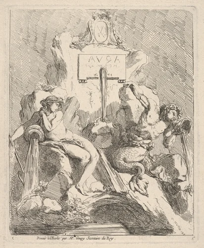 Design for a fountain with a seated nymph at left and triton holding a shell to his mouth at right by Charles Hutin, print, 1768