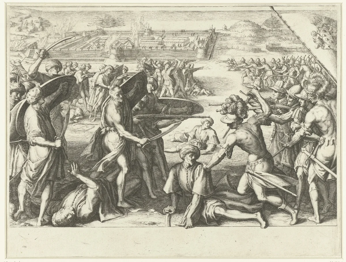 Aanval van de troepen van Ferdinando I de' Medici op de stad Preveza in Albanië by Jacques Callot, print, 1614-1620