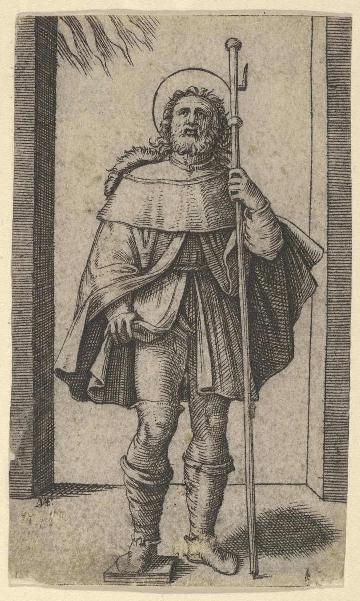 Saint Roch staff in his left hand, from "Piccoli Santi" (Small Saints) by Marcantonio Raimondi, print, 1495-1532