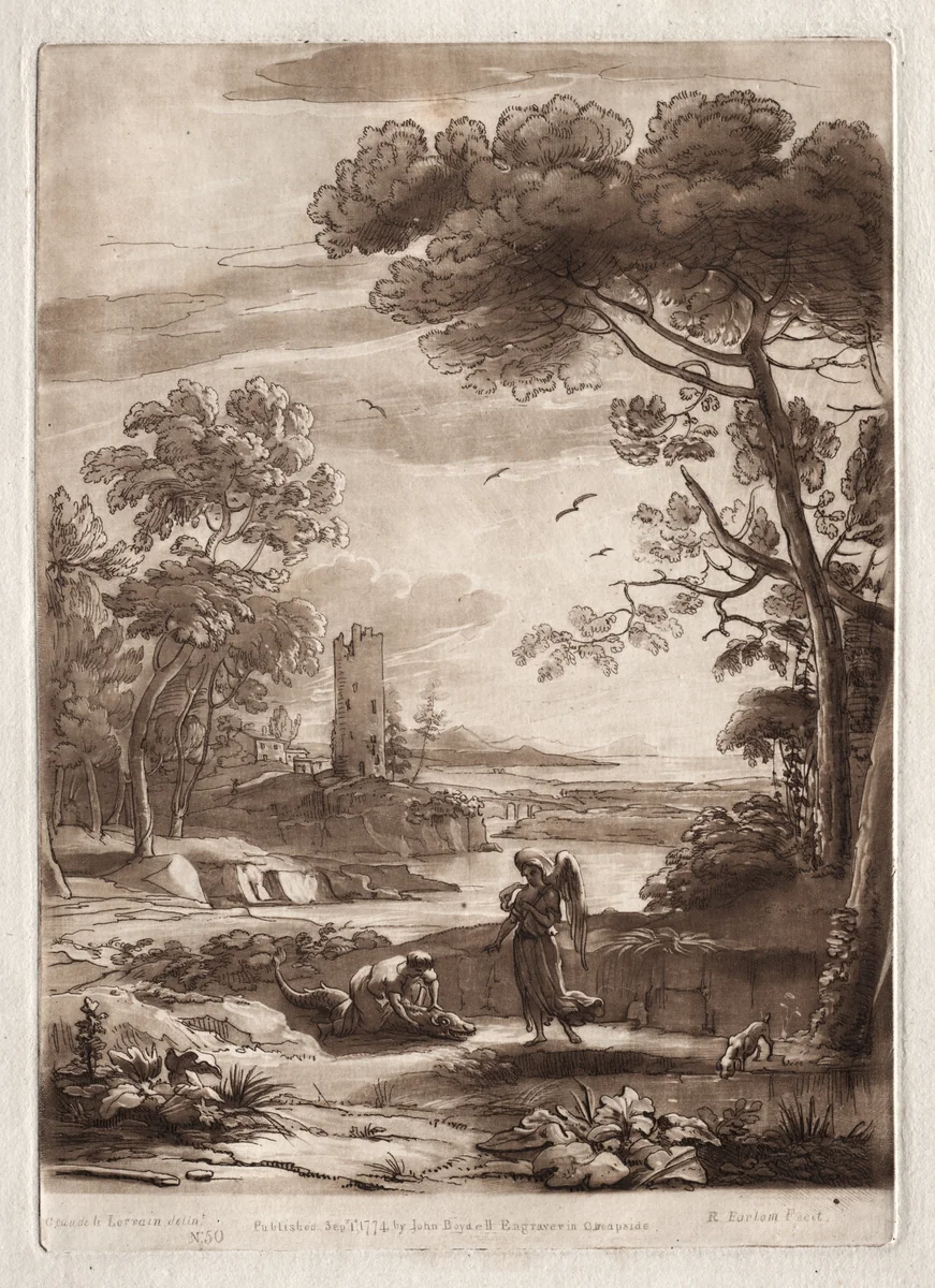 Liber Veritatis: No. 50, A River Scene with Tobias and the Angel by Richard Earlom, print, 1774