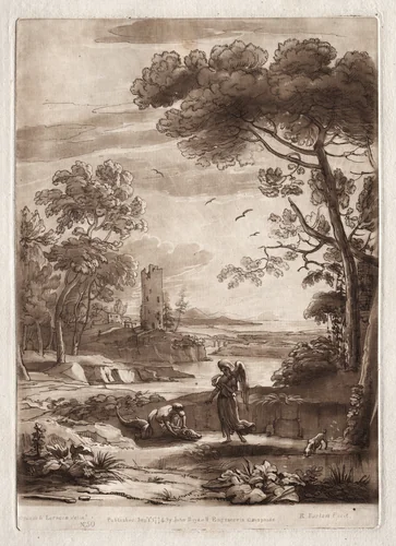 Liber Veritatis: No. 50, A River Scene with Tobias and the Angel by Richard Earlom, print, 1774