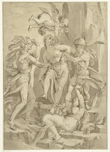 De Deugd in strijd met de Onwetendheid, de Dwaling en de Vooringenomenheid by anonymous, drawing, 1585-1595