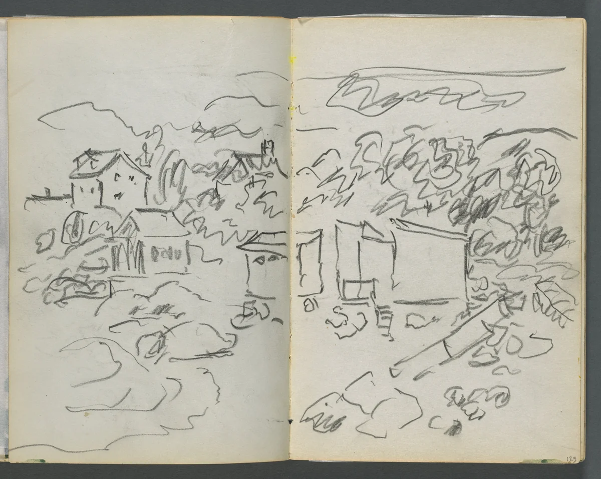 Sketchbook, The Dells, N° 127, page 124 & 125: Landscape with Houses by Maurice Prendergast, book, 1919-1921