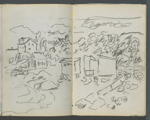 Sketchbook, The Dells, N° 127, page 124 & 125: Landscape with Houses by Maurice Prendergast, book, 1919-1921