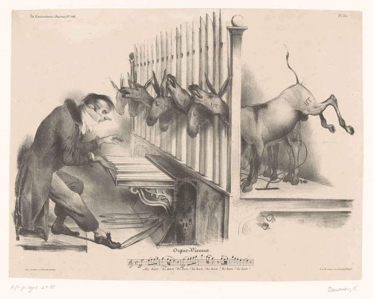 Karikatuur van politicus Viennet die een ezel-orgel bespeelt by anonymous, other, 1833