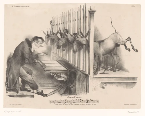 Karikatuur van politicus Viennet die een ezel-orgel bespeelt by anonymous, other, 1833