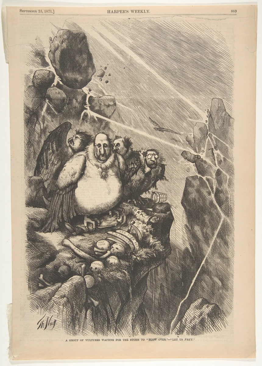 A Group of Vultures Waiting for the Storm to "Blow Over"–"Let Us Prey" (from "Harper's Weekly," vol. 15, p. 889) by Thomas Nast, print, 1871