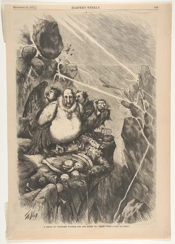 A Group of Vultures Waiting for the Storm to "Blow Over"–"Let Us Prey" (from "Harper's Weekly," vol. 15, p. 889) by Thomas Nast, print, 1871