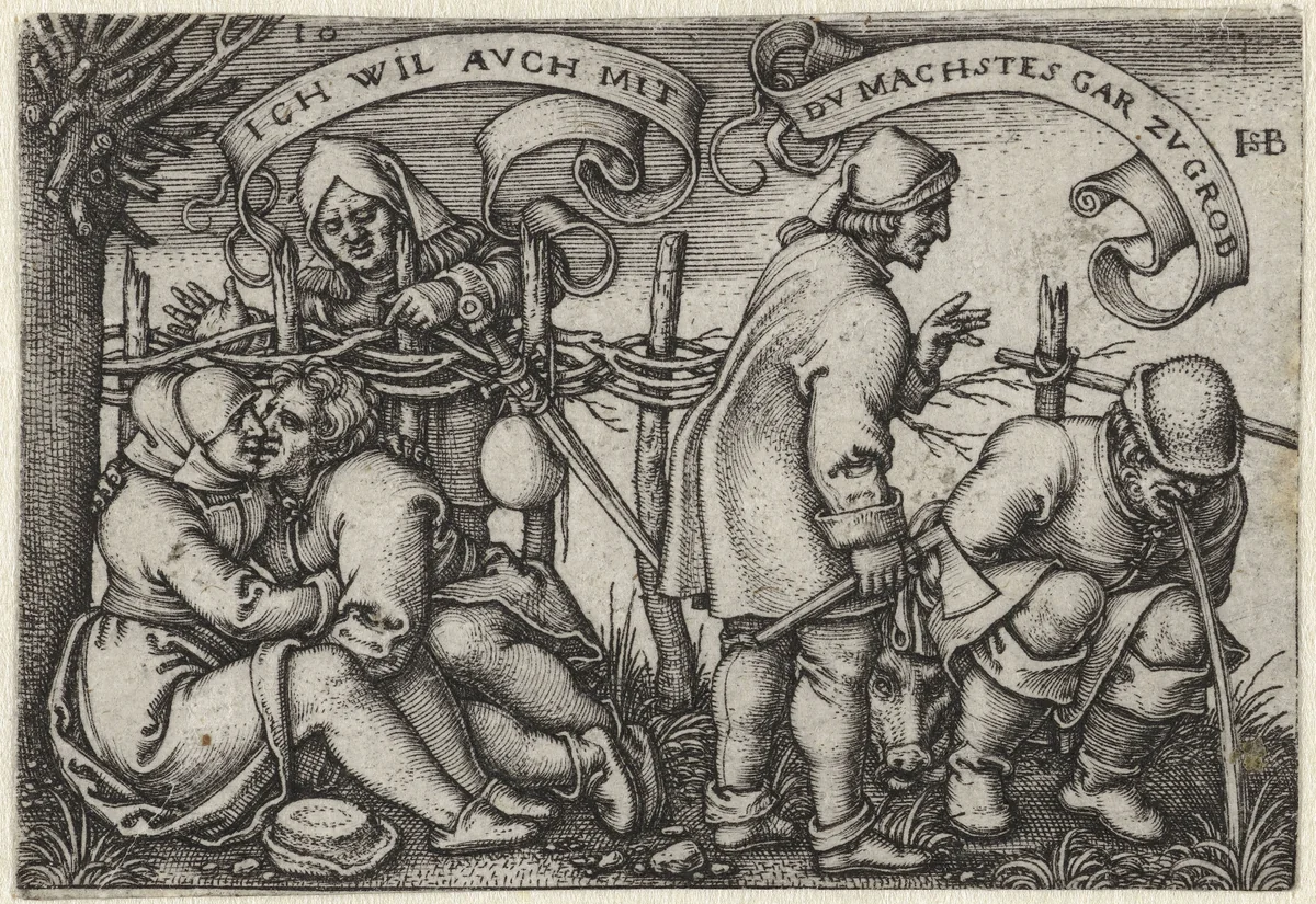 Vrijende man en vrouw begluurd door meisje en man geeft over door drankzucht by Unknown, print, 1546-1547