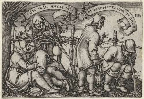 Vrijende man en vrouw begluurd door meisje en man geeft over door drankzucht by Unknown, print, 1546-1547