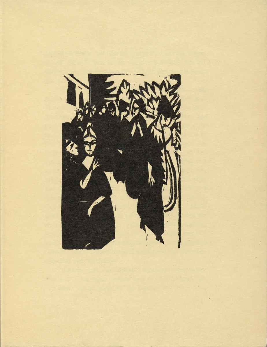The Canoness in the Garden (Das Stiftsfräulein im Garten) (plate, folio 5) from Das Stiftsfräulein und der Tod (The Canoness and Death) by Ernst Ludwig Kirchner, illustrated book, 1913