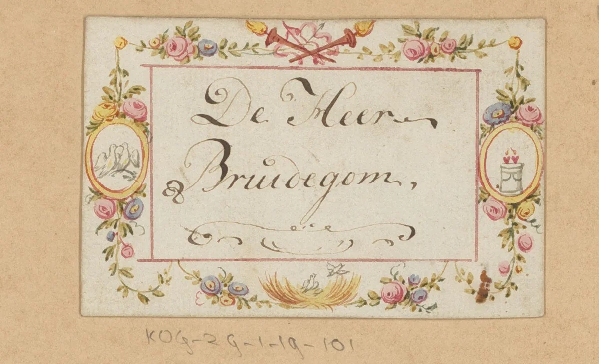 Bruiloftskaart voor 'De heer Bruidegom' by anonymous, drawing, 1780-1800