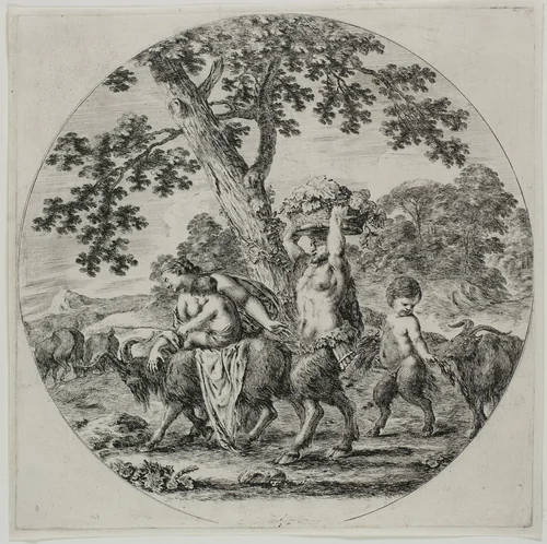 Satyr Family Walking by Stefano della Bella, print, 1657
