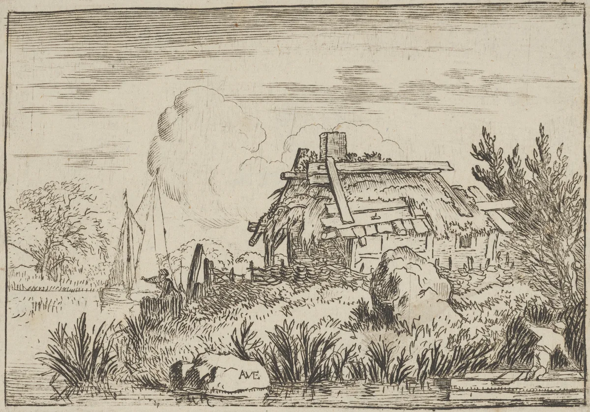 The Ruined Cottage, Surrounded by Water by Allart van Everdingen, print, 1621-1675