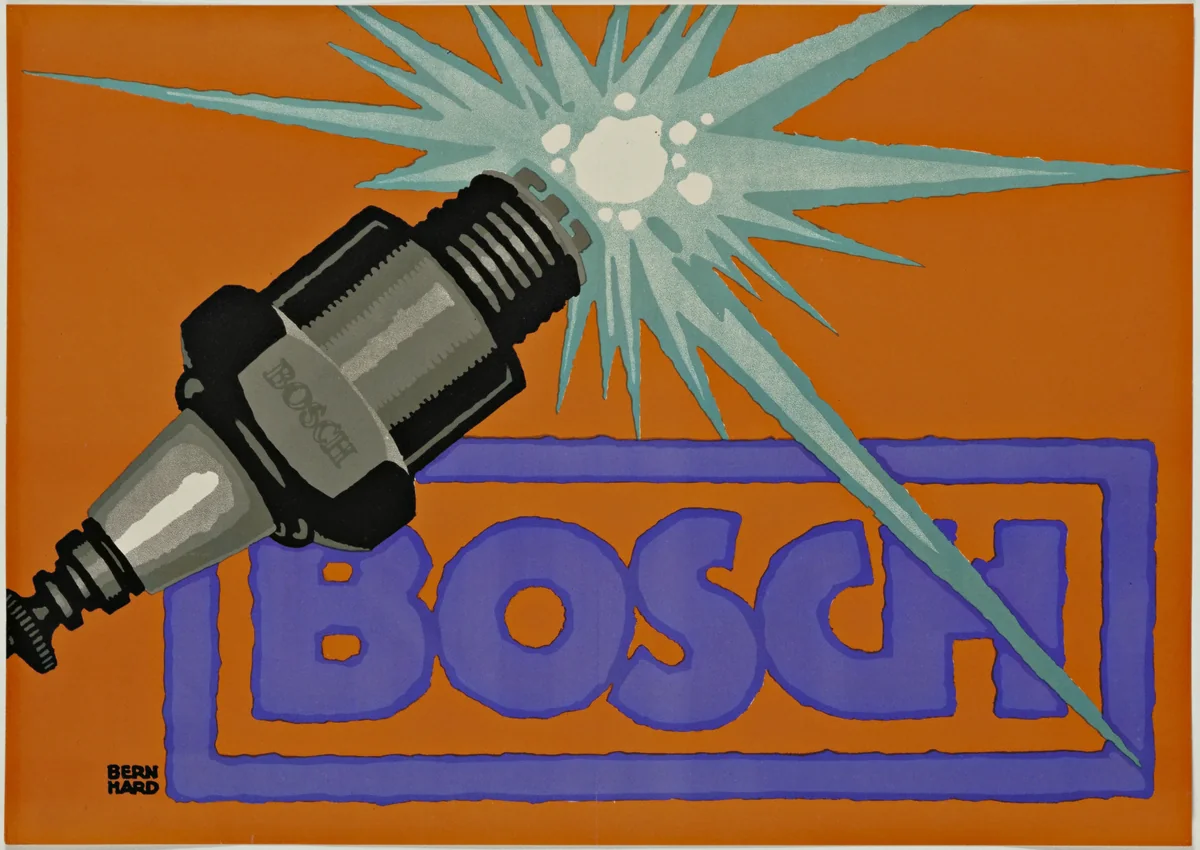 Poster for Bosch spark plugs by Lucian Bernhard, design, 1914