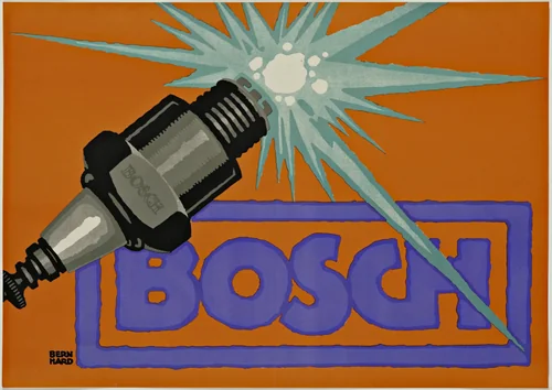 Poster for Bosch spark plugs by Lucian Bernhard, design, 1914