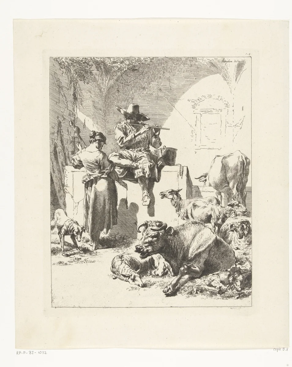Fluitspelende herder en spinster by anonymous, print, 1652-1733