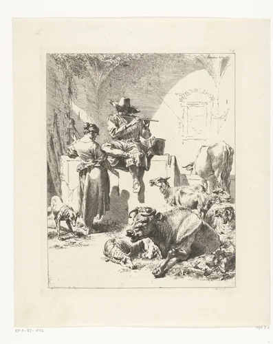Fluitspelende herder en spinster by anonymous, print, 1652-1733