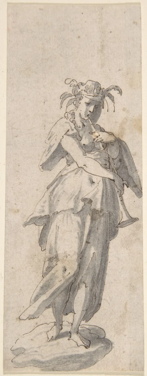 Female Figure with Horn by anonymous, drawing, 1600-1699