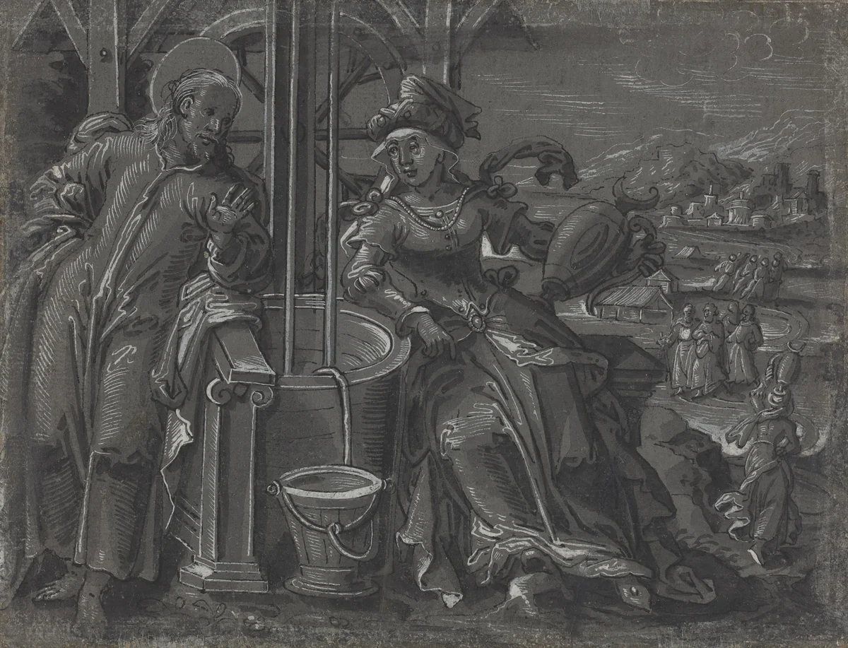Christ and the Woman of Samaria [verso] by German 16th Century, drawing, 1600