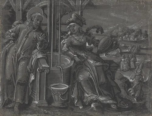 Christ and the Woman of Samaria [verso] by German 16th Century, drawing, 1600