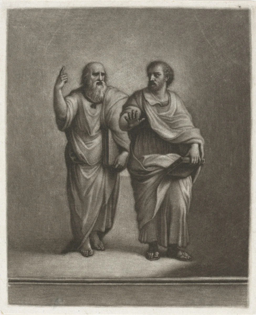 Plato en Aristoteles by Wallerant Vaillant, print, 1658-1677