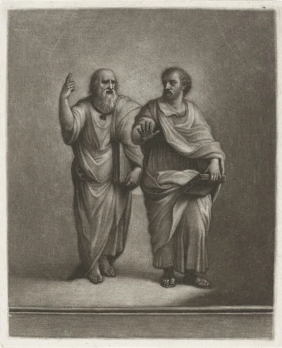 Plato en Aristoteles by Wallerant Vaillant, print, 1658-1677
