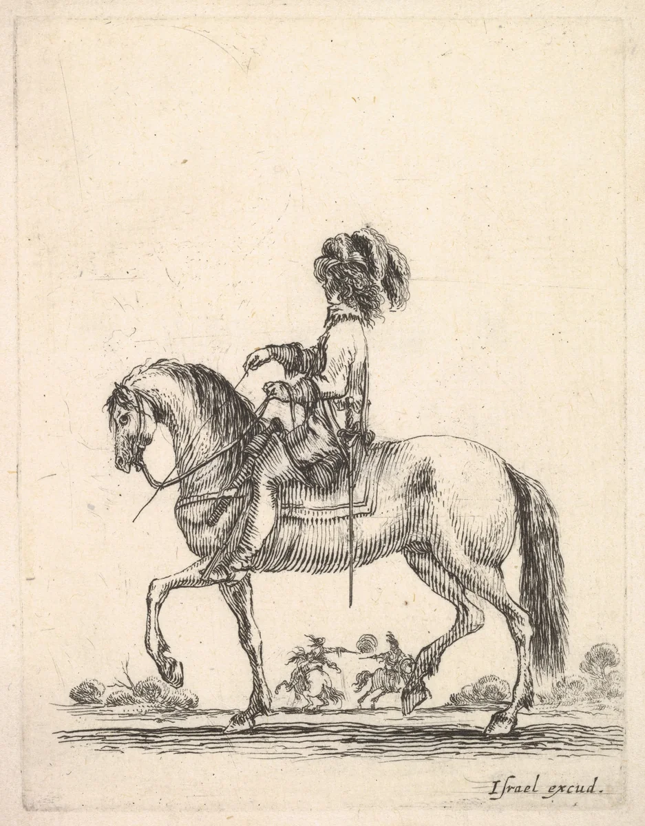 A horseman in profile walking to the left, two horsemen duel with pistols in the background, from "Various cavalry exercises" (Diverses exercices de cavalerie) by Stefano della Bella, print, 1642-1645