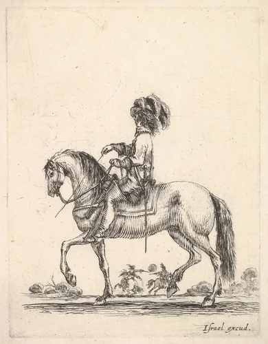 A horseman in profile walking to the left, two horsemen duel with pistols in the background, from "Various cavalry exercises" (Diverses exercices de cavalerie) by Stefano della Bella, print, 1642-1645
