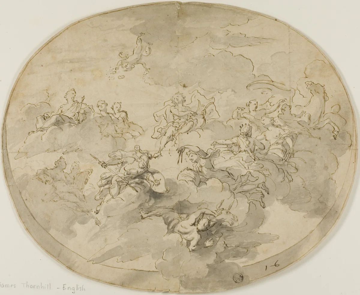 Design for Ceiling Fresco: Apollo and the Muses with Minerva Destroying Ignorance by James Thornhill, drawing, 1695-1734