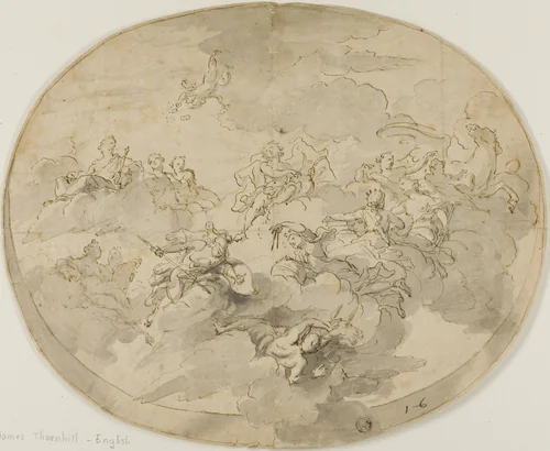 Design for Ceiling Fresco: Apollo and the Muses with Minerva Destroying Ignorance by James Thornhill, drawing, 1695-1734