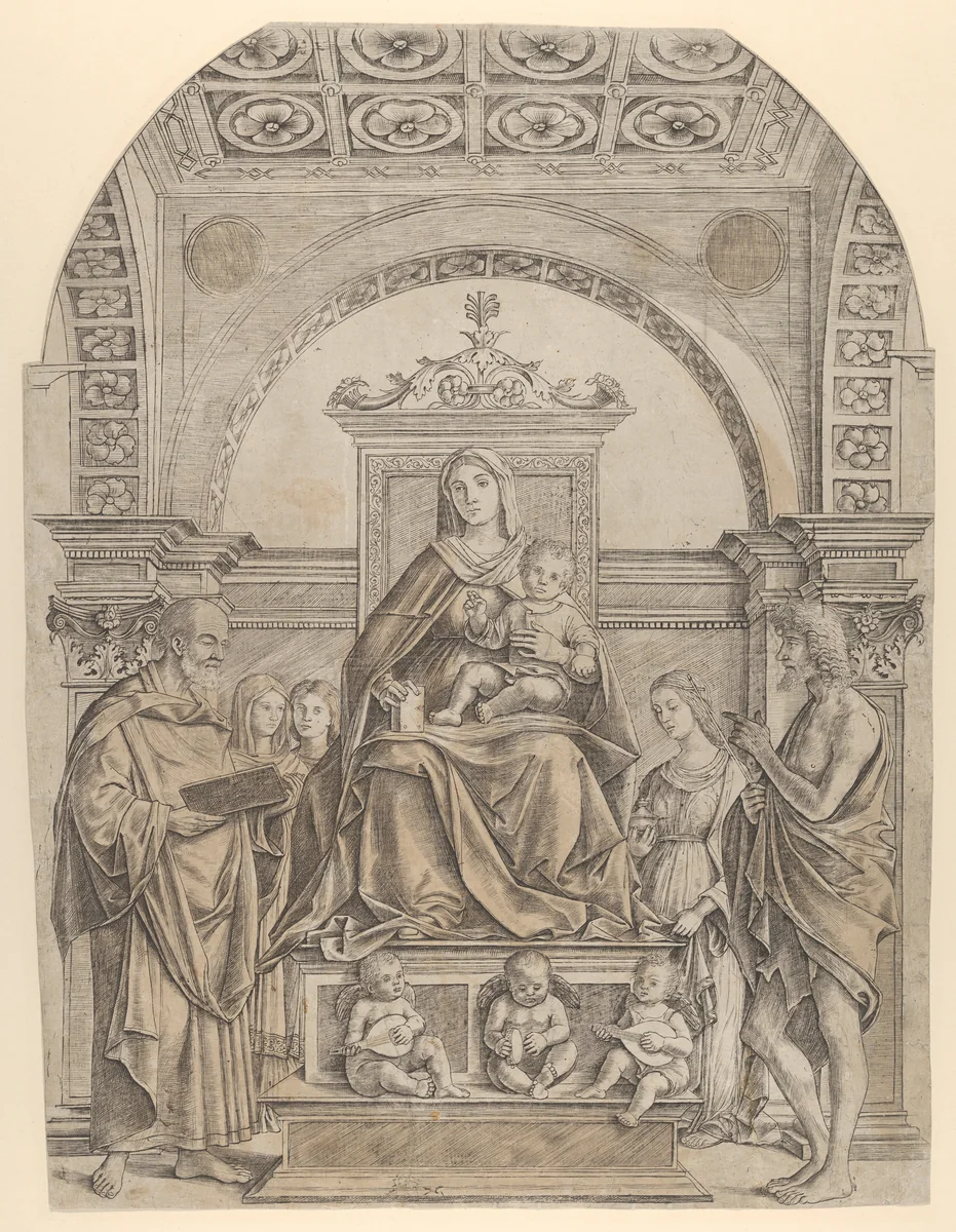 The Virgin and Child enthroned surrounded by saints and angels by Girolamo Mocetto, print, 1490-1530